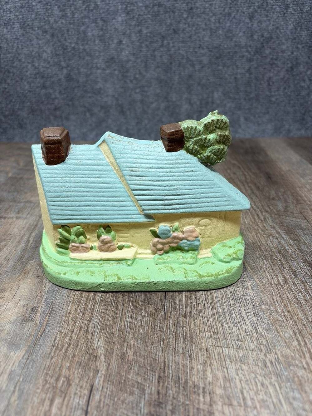 Vintage Cast Iron Pastel Country Cottage House Door Stop with Chimneys l-Garden